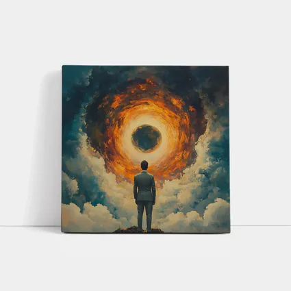 Man Facing Fiery Cosmic Portal Oil Painting
