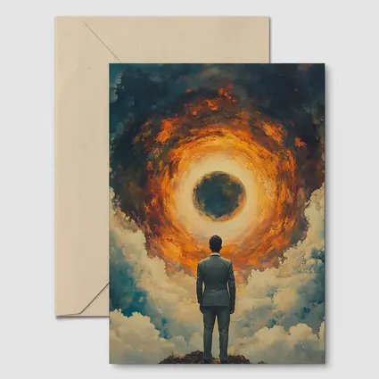 Man Facing Fiery Cosmic Portal Oil Painting
