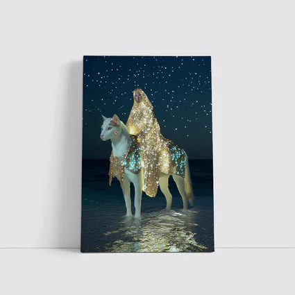 Mystical Woman Riding White Cat Night Beach