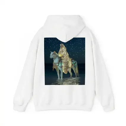 Mystical Woman Riding White Cat Night Beach