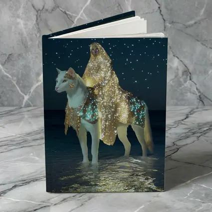 Mystical Woman Riding White Cat Night Beach