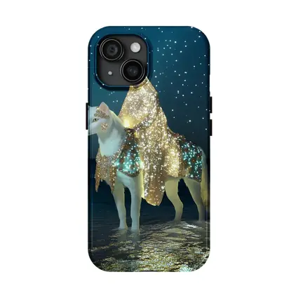 Mystical Woman Riding White Cat Night Beach