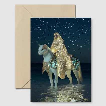 Mystical Woman Riding White Cat Night Beach