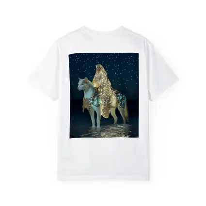 Mystical Woman Riding White Cat Night Beach