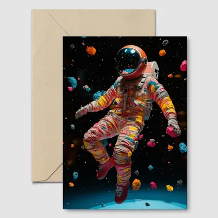Colorful Astronaut Floating Among Space Asteroids