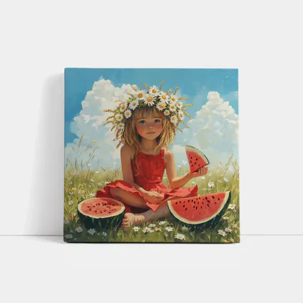 Girl With Daisy Crown Eating Watermelon Summer