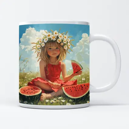 Girl With Daisy Crown Eating Watermelon Summer