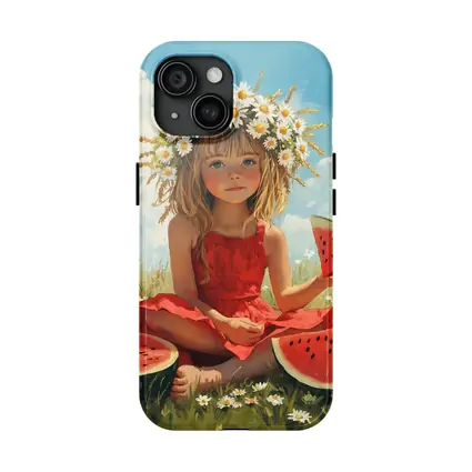 Girl With Daisy Crown Eating Watermelon Summer