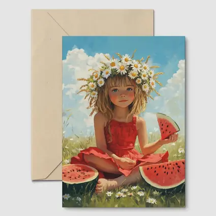 Girl With Daisy Crown Eating Watermelon Summer