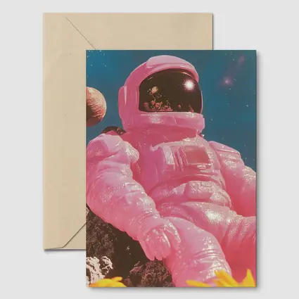 Pink Astronaut Sitting On Moon Surface