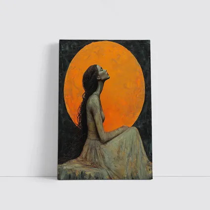 Woman Sitting Before Glowing Orange Moon