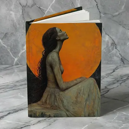 Woman Sitting Before Glowing Orange Moon