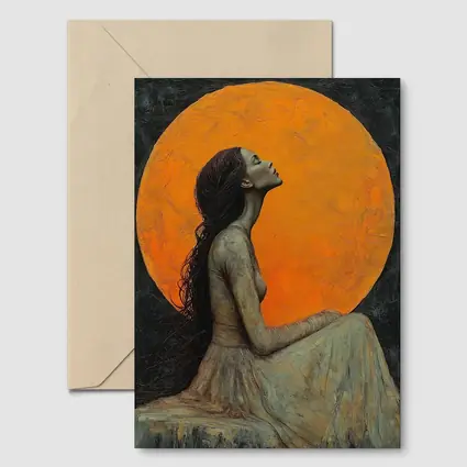 Woman Sitting Before Glowing Orange Moon
