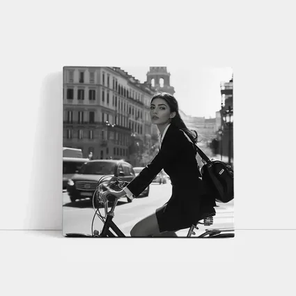 Elegant Woman Cycling Black and White City