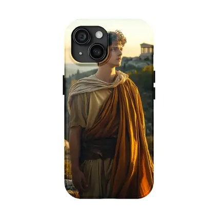 Young Greek Man Ancient Temple Sunset Background