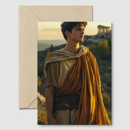 Young Greek Man Ancient Temple Sunset Background