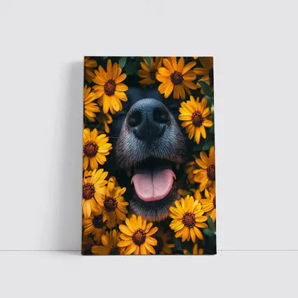 Happy Dog Nose Surrounded By Yellow Flowers
