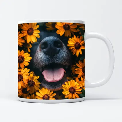 Happy Dog Nose Surrounded By Yellow Flowers