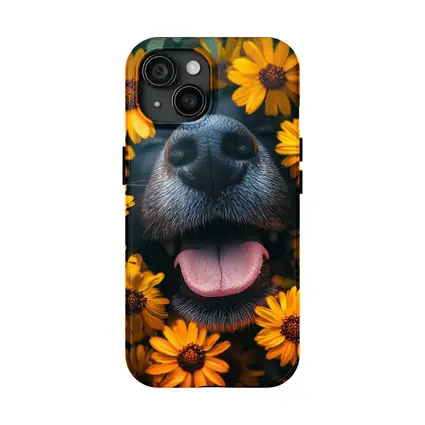 Happy Dog Nose Surrounded By Yellow Flowers