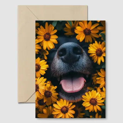 Happy Dog Nose Surrounded By Yellow Flowers