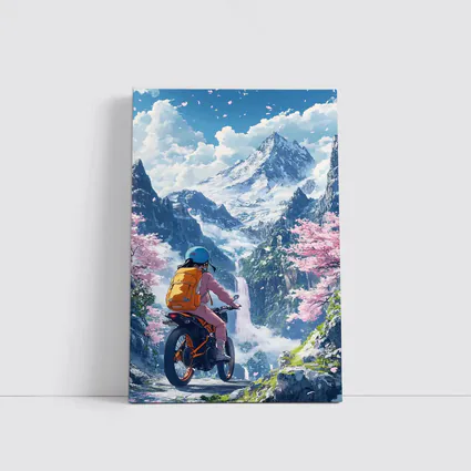 Anime Cyclist Riding Through Cherry Blossom Mountains