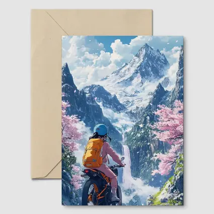 Anime Cyclist Riding Through Cherry Blossom Mountains
