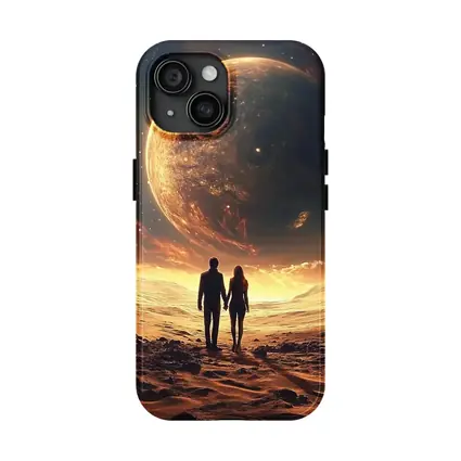 Couple Holding Hands Beneath Giant Planet