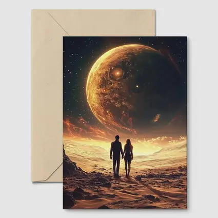 Couple Holding Hands Beneath Giant Planet