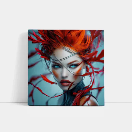 Red Feather Woman Portrait Blue Background