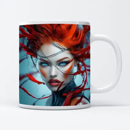 Red Feather Woman Portrait Blue Background