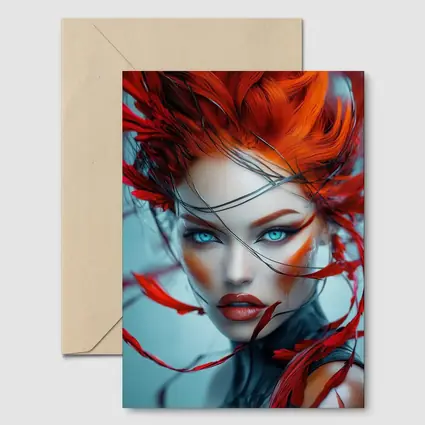 Red Feather Woman Portrait Blue Background