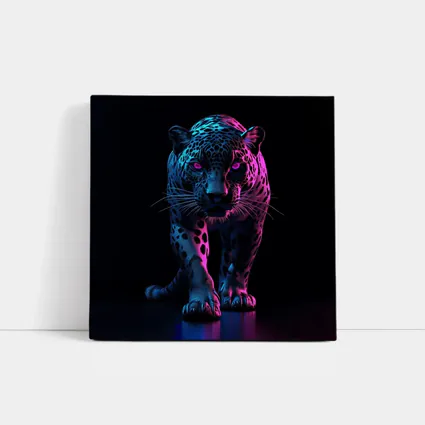 Neon Jaguar Walking Against Dark Background