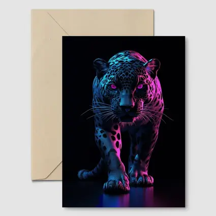 Neon Jaguar Walking Against Dark Background