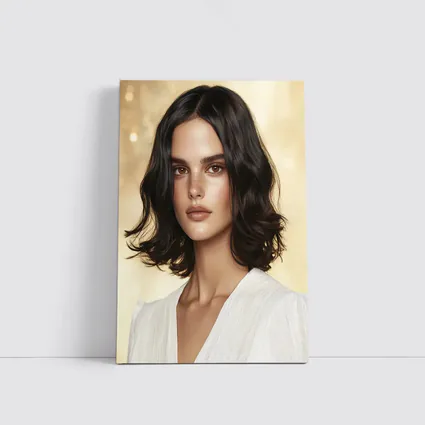 Dark Haired Woman Portrait Gold Background