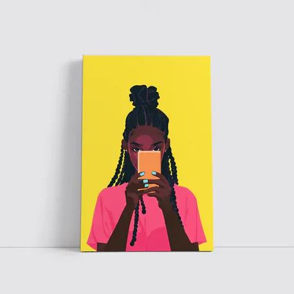 Black Girl Scrolling Phone Yellow Background Illustration
