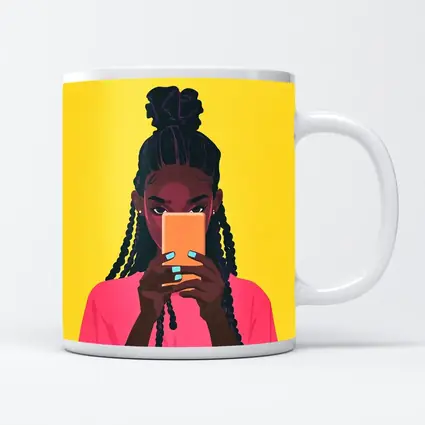 Black Girl Scrolling Phone Yellow Background Illustration
