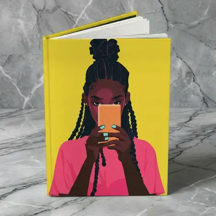 Black Girl Scrolling Phone Yellow Background Illustration