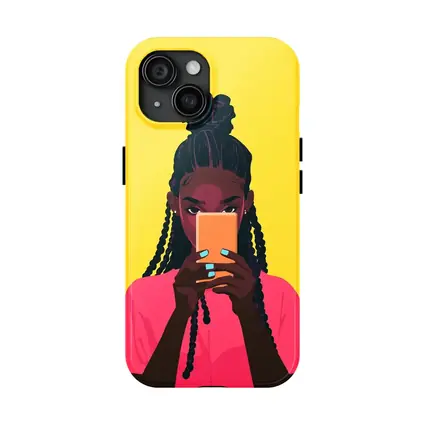 Black Girl Scrolling Phone Yellow Background Illustration