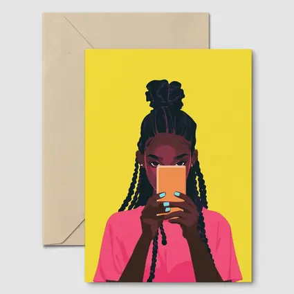 Black Girl Scrolling Phone Yellow Background Illustration