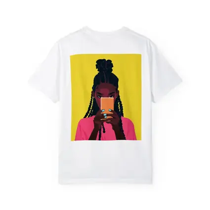 Black Girl Scrolling Phone Yellow Background Illustration