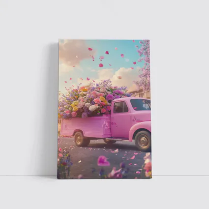 Pink Truck Overflowing With Colorful Spring Flowers