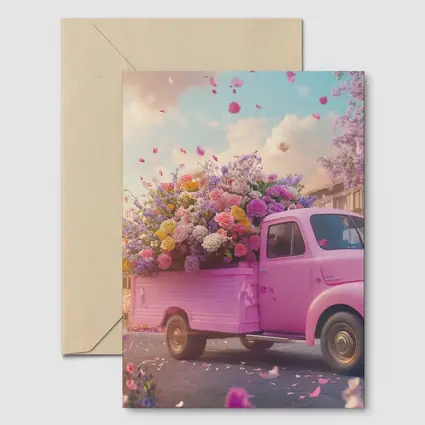 Pink Truck Overflowing With Colorful Spring Flowers