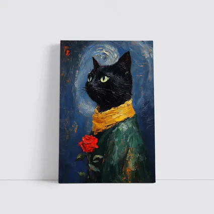 Black Cat With Rose Oil Painting Blue