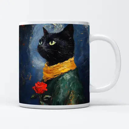 Black Cat With Rose Oil Painting Blue