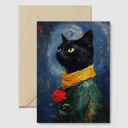 Black Cat With Rose Oil Painting Blue