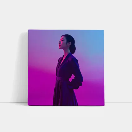 Asian Woman Purple Dress Neon Gradient Background