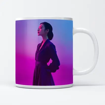 Asian Woman Purple Dress Neon Gradient Background