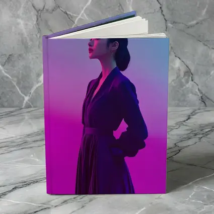 Asian Woman Purple Dress Neon Gradient Background