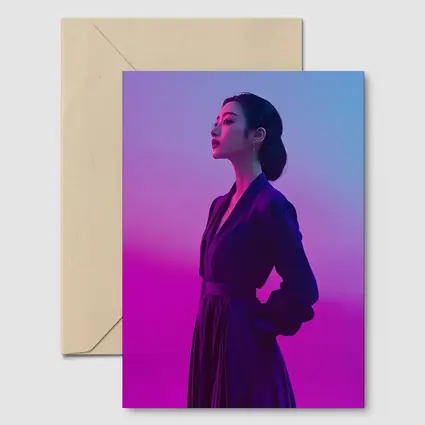 Asian Woman Purple Dress Neon Gradient Background