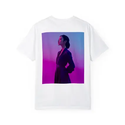 Asian Woman Purple Dress Neon Gradient Background